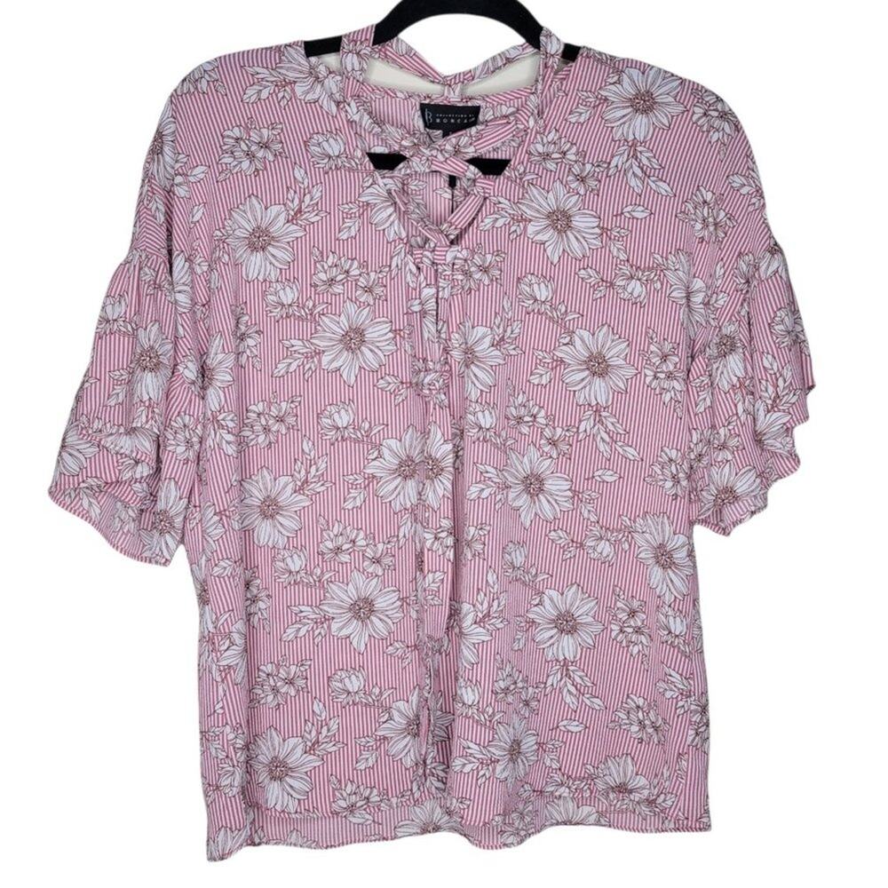 NWT B Collection By Bobeau Pink Floral Striped Criss Cross Bell Sleeves Size S